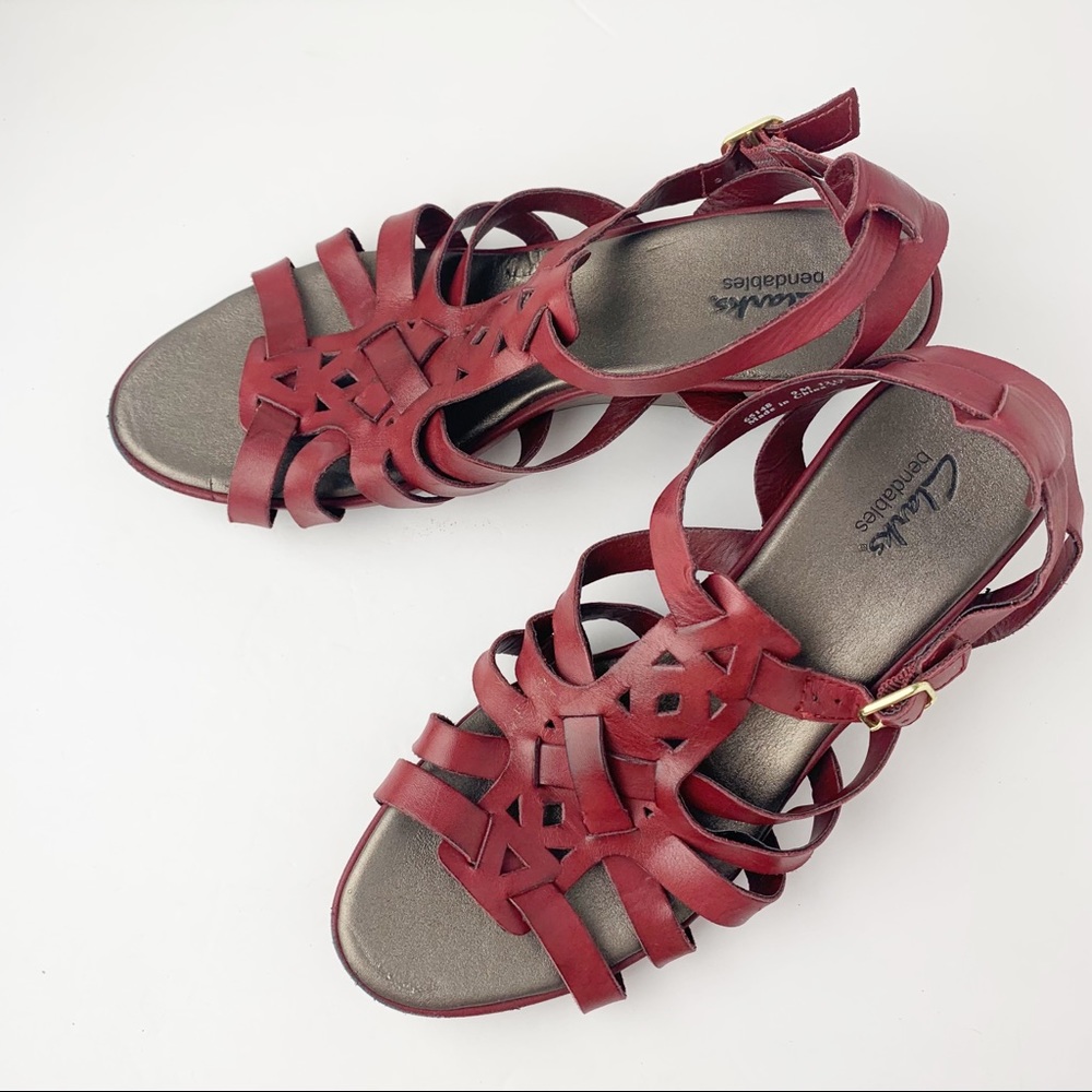 Clarks Bendables bronze sandals wedge heel adjustable strap